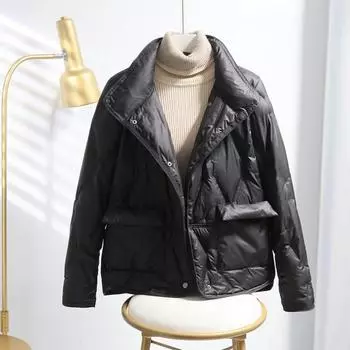 2024 осенне-зимняя одежда литературный и ретро пуховик женский короткий тонкий универсальный однобортный белый пуховик на утином пуху прилив M чёрный