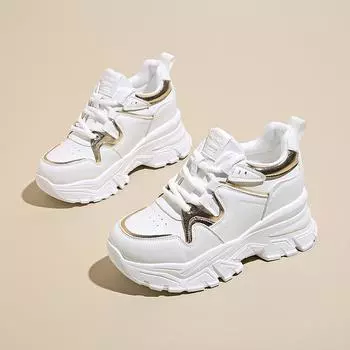 2024 Осенние белые женские кроссовки на шнуровке с толстой подошвой из вулканизированной кожи, женские дышащие спортивные туфли на платформе из искусственной кожи 35 белый