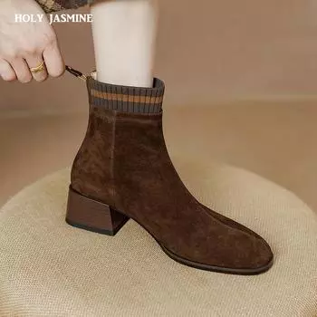 2024 Осенние ботинки Женские детские замшевые туфли Женские ботинки с квадратным носком и толстым каблуком Женские ботинки в стиле ретро Современные ботинки Зимние элегантные короткие ботинки 34 чёрный