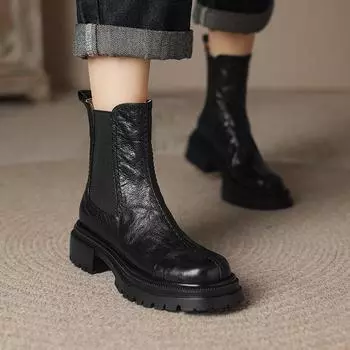 2024 Осенние ботинки Женские туфли из натуральной кожи для женщин Ботильоны с круглым носком Туфли на толстом каблуке Вестерн-ботинки Туфли на платформе 34 чёрный