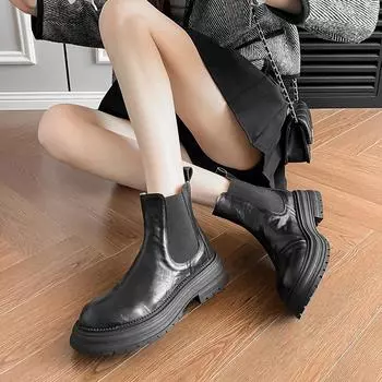 2024 Осенние ботинки Женские туфли из натуральной кожи для женщин Ботильоны с круглым носком Туфли на толстом каблуке Вестерн-ботинки Туфли на платформе 35 коричневый