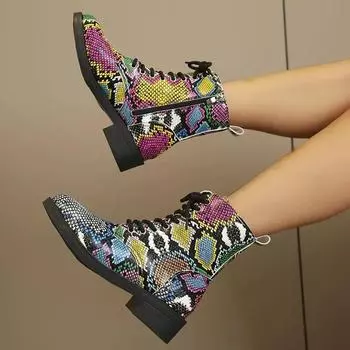 2024 Осенние красочные ботильоны со змеиным принтом, женские короткие ботинки из искусственной кожи со шнуровкой, модные женские ботинки Botas 35-43 35 зелёный