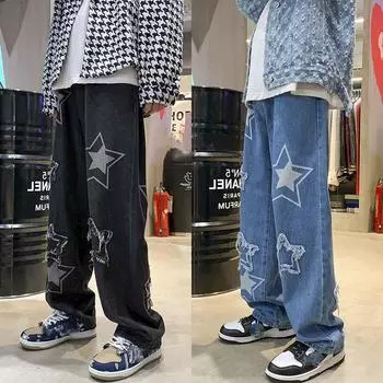 2024 осенние мужские джинсы со звездной аппликацией и вышивкой, прямые свободные повседневные брюки в стиле ретро, модные однотонные брюки большого размера S чёрный