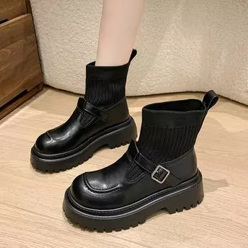 2024 осенние носки на платформе, сапоги, новые британские ретро-сапоги на толстом каблуке, тонкие короткие сапоги, женские трикотажные эластичные сапоги Martin прилив 35 коричневый