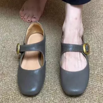 2024 Осенние однотонные простые женские туфли на плоской подошве, французские элегантные туфли Мэри Джейн из мягкой кожи, женские туфли с неглубоким носком 35 серый