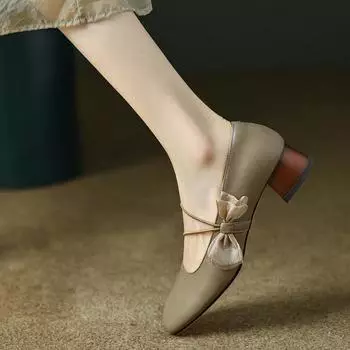 2024 Осенние ретро-туфли Мэри Джейн с завязками-бабочками, женские туфли на толстом каблуке с круглым носком, повседневные элегантные туфли-лоферы с неглубокой подошвой для женщин 35 хаки