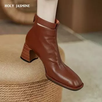 2024 Осенние сапоги Женские сапоги с квадратным носком Женские сапоги из натуральной кожи Женские сапоги с пряжкой на ремне и молнией Зимние сапоги на высоком каблуке 34 чёрный