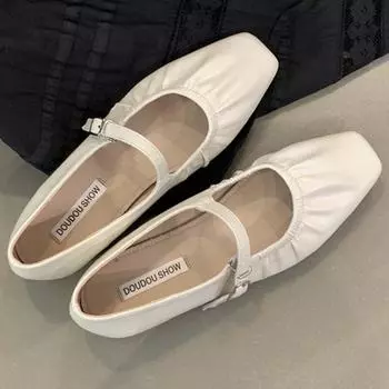 2024 Осенние туфли на плоской подошве Женская мода Туфли Мэри Джейн с квадратным носком и ремешком на щиколотке Женские балетки Мягкие мокасины Мелкие серебристые женские туфли 35 бежевый