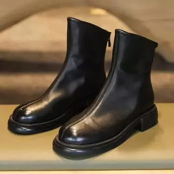 2024 Осенние женские сапоги Ретро-брендовая обувь Модные женские короткие сапоги на низком каблуке Молнии Мягкие кожаные ботильоны Женская обувь 35 чёрный