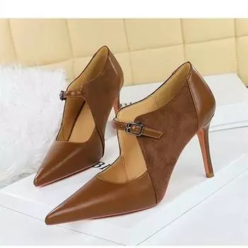 2024 Осенний дизайн с острым носком на высоком каблуке женские туфли-лодочки из искусственной кожи в стиле ретро на тонком каблуке женские туфли-лодочки с пряжкой на ремне и полым соединением офисная обувь 36 коричневый