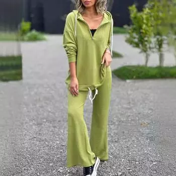 2024 Осенний комплект из однотонных трикотажных брюк с капюшоном и длинными рукавами в европейском и американском стиле с расклешенными брюками S чёрный