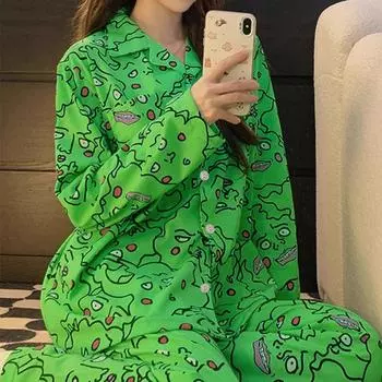 2024 Осенний милый мультяшный принт Женские пижамные комплекты Кардиган с пуговицами на лацканах Наряды для женщин Комплект из 2 предметов Модная одежда для женщин M