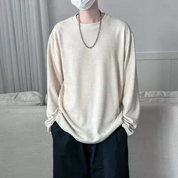 2024 Осенняя британская полосатая футболка для мужчин, корейская однотонная повседневная футболка для мужчин с длинным рукавом, пуловеры, топы 2XL чёрный