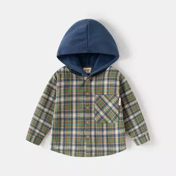 2024 Осенняя детская одежда Детская рубашка с длинным рукавом для мальчиков Клетчатая рубашка с капюшоном для малышей 90cm