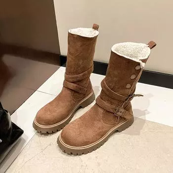 2024 Осенняя мода Новые женские удобные однотонные круглые носки с пряжкой, украшенные модными ботинками до середины голени 35 хаки