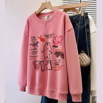 2024 Осенняя мода смешной мультяшный принт женские толстовки тонкие толстовки винтажные с круглым вырезом длинные рукава повседневные свободные женские пуловеры топы M светло-серый