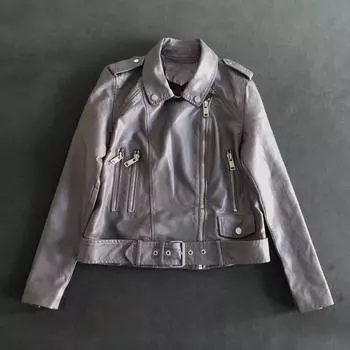 2024 осенняя одежда новая тяжелая промышленность молния костюм воротник кожаная куртка ремень локомотив одежда кожаная куртка короткая куртка S чёрный