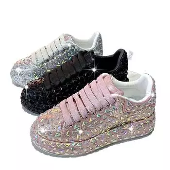 2024 Осенняя женская кожаная обувь Новый стиль Модные туфли на платформе Кроссовки Ins Platforms Tide Shine Bling Rhinestone Shoes 35 чёрный