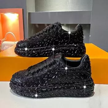 2024 Осенняя женская кожаная обувь Новый стиль Модные туфли на платформе Кроссовки Ins Platforms Tide Shine Bling Rhinestone Shoes 35 чёрный