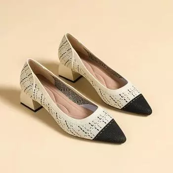2024 осенняя женская обувь на высоком каблуке, модная трикотажная обувь с квадратным носком, толстый каблук с неглубоким носком, дышащие нескользящие женские туфли-лодочки 34