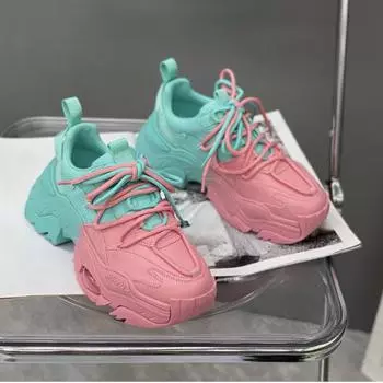 2024 Осенняя женская обувь Sense of Design Новая мода Увеличенный толстый низ Цветные блоки Шнуровка Спортивная обувь для отдыха 35 розовый зеленый