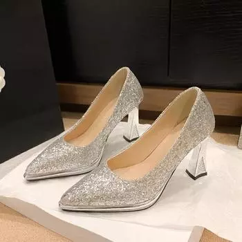 2024 Остроконечные туфли на высоком каблуке 2024 Новинка 2024 года Женская обувь для свадебного банкета Four Seasons Shallow Mouth Single Shoes 34 серебряный