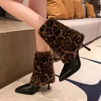 2024 остроносые сексуальные пушистые модные сапоги с леопардовым принтом зимние на тонком каблуке бархатные теплые темпераментные брюки на высоком каблуке сапоги женские 35 чёрный