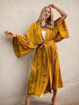2024 отпуск сексуальный купальник накидка в стиле бохо с принтом тай-дай кимоно с поясом кардиганы для женщин домашнее платье большого размера одежда для пляжного отдыха Q1314 One size жёлтый