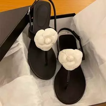 2024 овчины женские сандалии Camellia елочка женские летние сандалии девушка цветок плоские шлепанцы пляжная обувь дизайнерские сандалии 35 чёрный