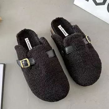 2024 овечья шерсть мюли женские тапочки с пряжкой на поясе зимние сабо обувь женская на платформе с покрытием носок плюшевые меховые шлепанцы уличные пушистые туфли 35 бежевый
