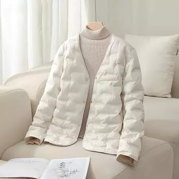 2024 пальто с v-образным вырезом из белого утиного пуха, новая легкая и тонкая пуховая куртка для женщин с подкладкой, приталенная и теплая куртка с подкладкой S бежевый