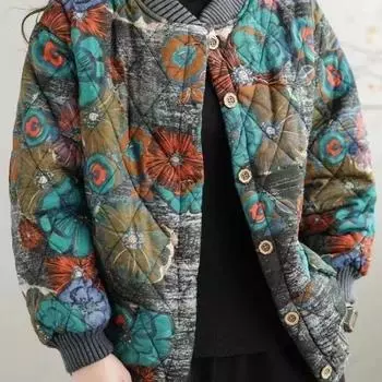 2024 пальто женское осенне-зимнее ретро-цветочное пальто с длинными рукавами на хлопковой подкладке женское принтованное анти-рубашечное покрытие M синий