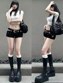 2024 Панк-сапоги Женская обувь Модные сапоги выше колена на толстом каблуке Дизайнерские зимние готические сапоги для девочек 35