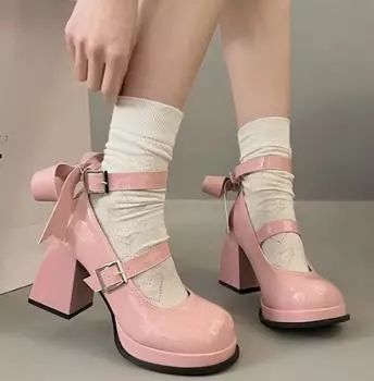 2024 Patent Leather Lolita Shoes Women Mary Janes High Heels Shoes Chunky Sandals Summer Fashion Retro Bow Party Platform Pumps 35 чёрный