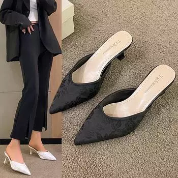 2024 Персональные женские сандалии Сексуальные женские туфли Слипоны на высоком каблуке Модные остроносые шлепанцы Летние женские тапочки 34 чёрный