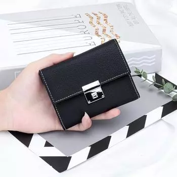 2024 Первый слой из коровьей кожи женские кошельки из натуральной кожи короткий кошелек роскошный замок кошелек для женщин сложенный три раза держатель для карт чёрный