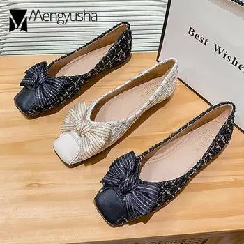 2024 Pig Mouth Toe Flats Women Butterfly-Knot Shoes Classic Brand Checkered Ballerina Woman Loafers Shallow Soft Sole Moccasins 5 бежевый