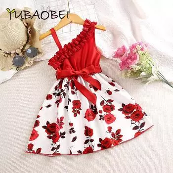 2024 платье для девочек, летнее детское платье, модные платья принцессы без рукавов с цветочным принтом и скошенными плечами 5Y красный
