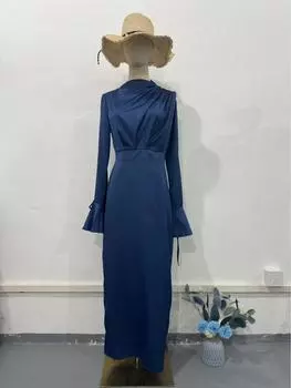 2024 Платье приталенного силуэта из сатина с длинным рукавом и утягивающим бантом на завязках Extra Large