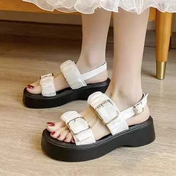 2024 Pleated Leather Buckle Band Sandals Woman Thicken Sole Platform Flats Shoes Elevator Gladiator Sandalias Femininas Slippers 4.5 белый