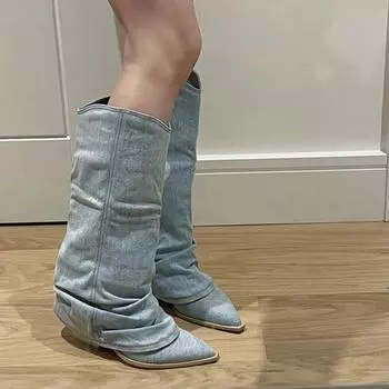 2024 Pleats Blue Denim Thigh High Boots для женщин 2024 Осень Толстый каблук с острым носком ковбойские сапоги женские Slip On Western Длинные сапоги 35 джинсовый синий