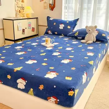 2024 Плотный теплый молочный бархатный односпальный чехол для матраса с рисунком из флиса, обертывание на 360 градусов с эластичной простыней Only 2 pillowcases