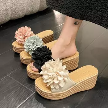 2024 пляжные тапочки на каблуке с уклоном, женские, на платформе, летние, новые, с цветком рыбы, удобные, пляжные туфли для женщин 35