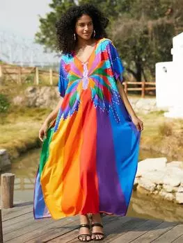 2024 Плюс Размер Бохо Кафтан Сексуальный Купальник Прикрытие Для Женщин Летние Каникулы С Принтом Бабочки V-образным Вырезом С Коротким Рукавом Пляжное Платье Уютные Домашние Платья Q1658 One size разноцветный