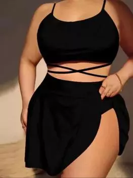 2024 плюс размер однотонный купальник-бандо, женский отдельный купальник, большой купальный костюм, комплект из 3 предметов, юбка с высокой талией, комплект бикини 4XL