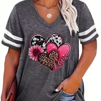 2024 плюс размер весна/лето, новая повседневная модная женская футболка с принтом «Любовь», свободная футболка с v-образным вырезом и короткими рукавами, 5XL 6XL S
