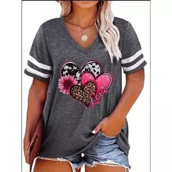 2024 плюс размер весна/лето, новая повседневная модная женская футболка с принтом «Любовь», свободная футболка с v-образным вырезом и короткими рукавами, 5XL 6XL M