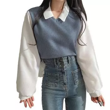 2024 Плюс Размер Женская Поддельная Двухсекционная Футболка Сращивание Воротник Поло Длинные Рукава Толстовка Нитки Свободный Универсальный Топ L синий