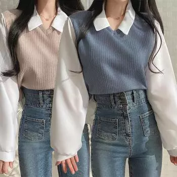 2024 Плюс Размер Женская Поддельная Двухсекционная Футболка Сращивание Воротник Поло Длинные Рукава Толстовка Нитки Свободный Универсальный Топ M синий