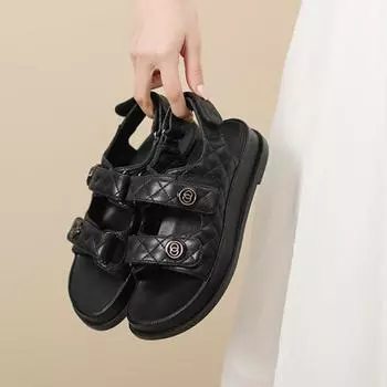 2024 Plus Size 43 Высококачественные летние кожаные женские сандалии 2024 года Женские сандалии на плоской подошве для женщин Римские сандалии на платформе для женщин 35 чёрный